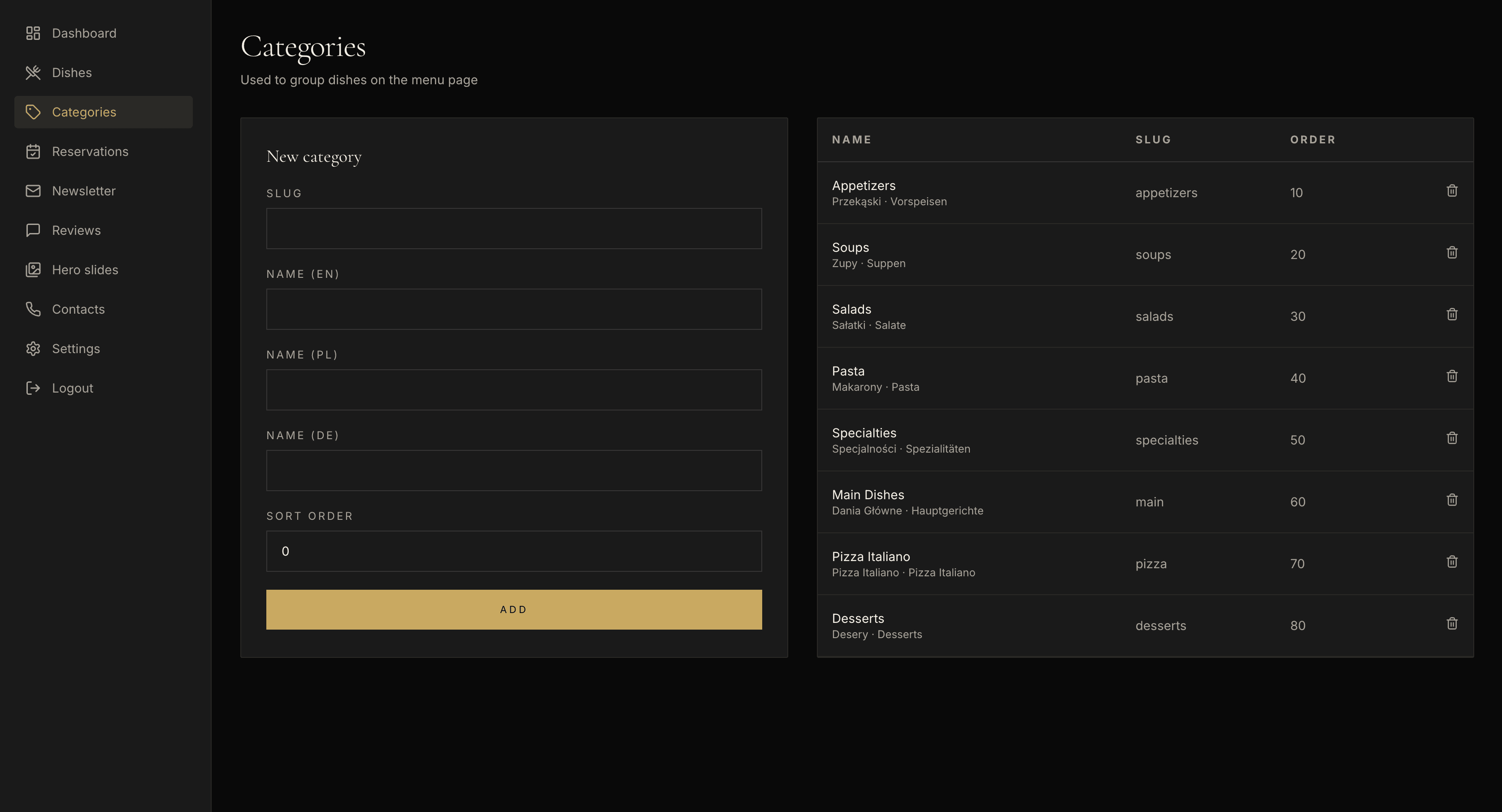Admin panel: menu categories with translated names and display order, plus a form to add a new one