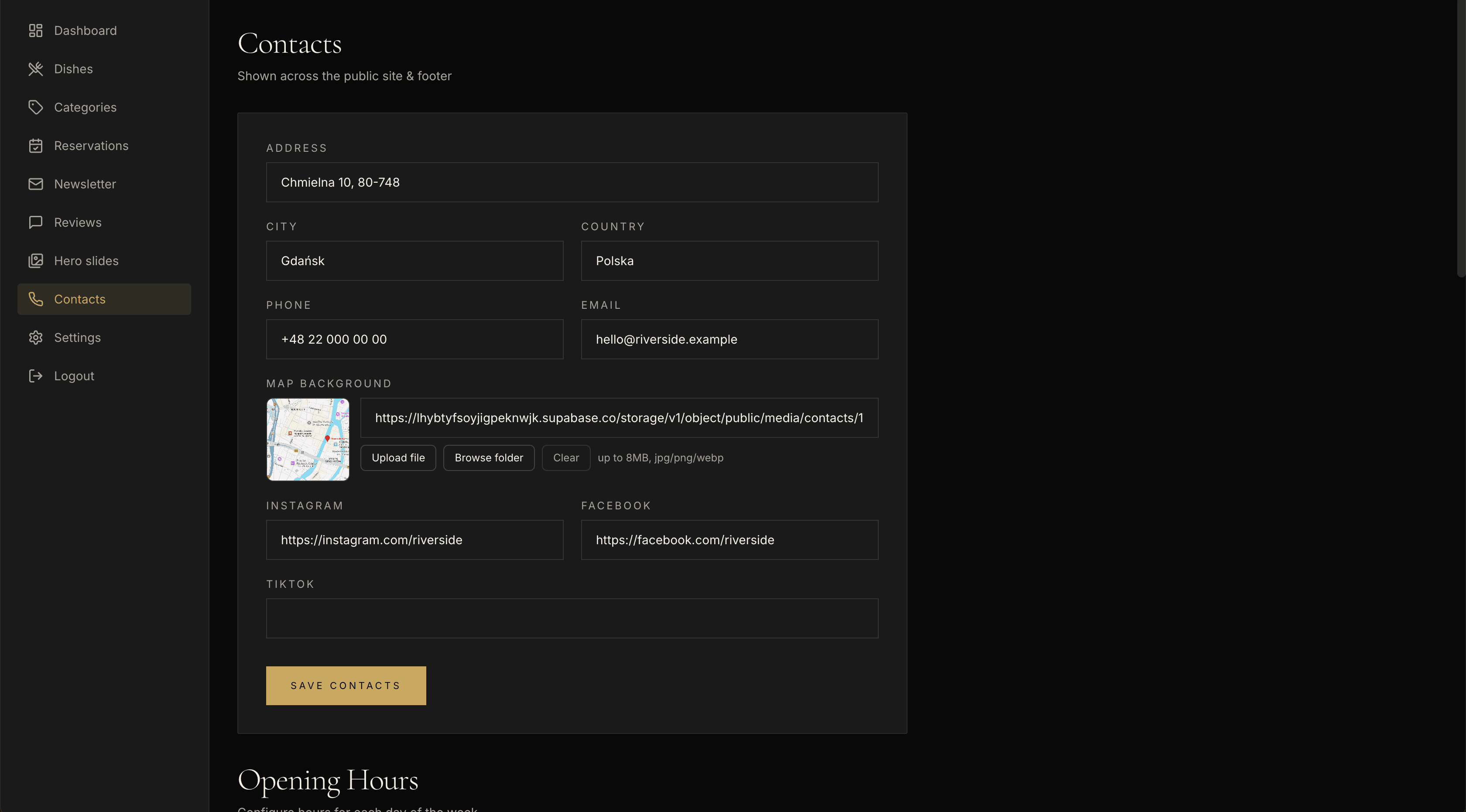 Admin panel: contact details form with address, phone, email, map image and social media links