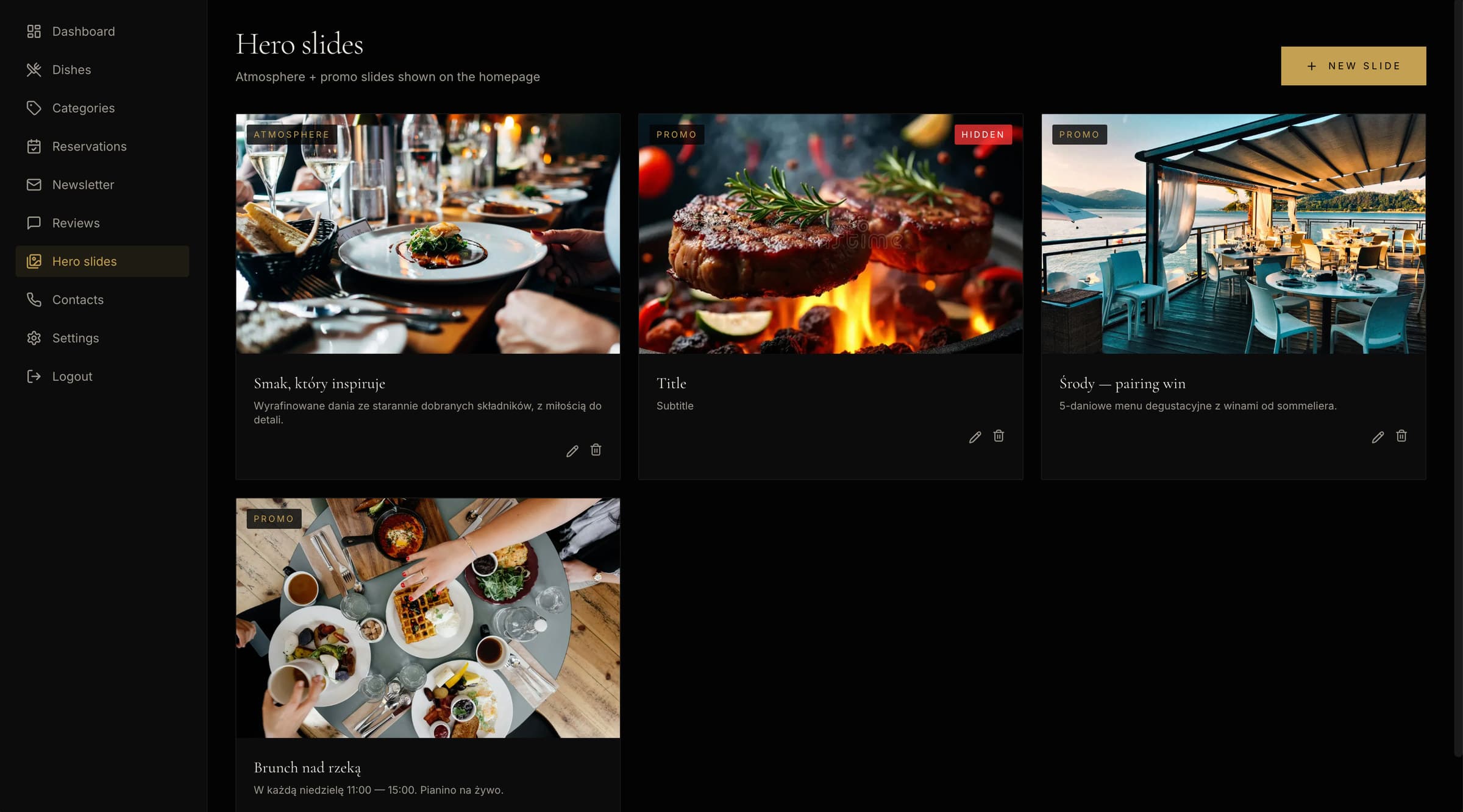 Admin panel: homepage hero slides with atmosphere and promo banners that can be edited or hidden