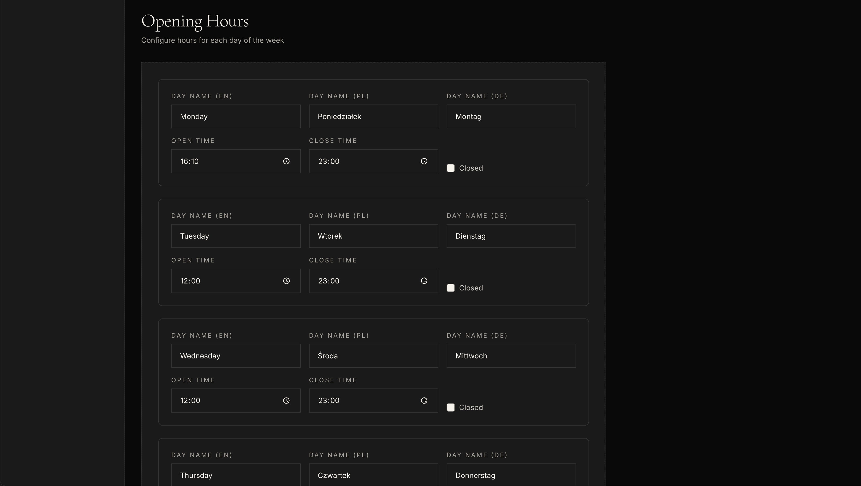 Admin panel: opening hours set separately for each day of the week, with day names in three languages