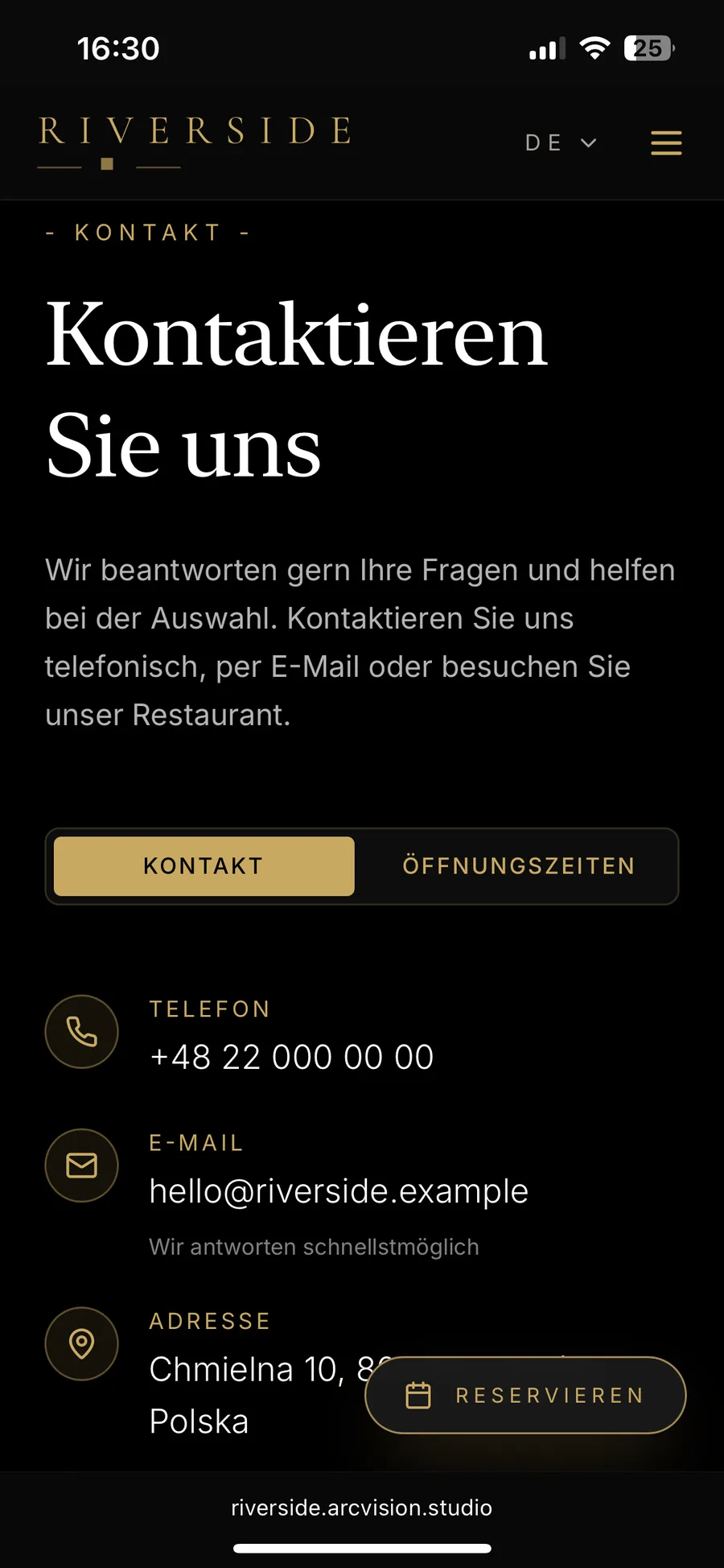 Contact page on a phone in German, with phone, email, address and opening hours