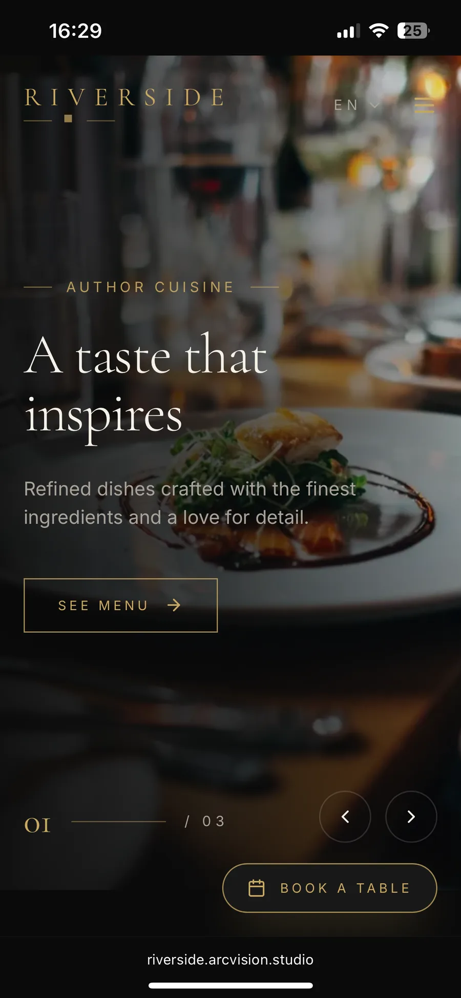 New restaurant website on a phone: first screen with a See menu button and a floating Book a table button