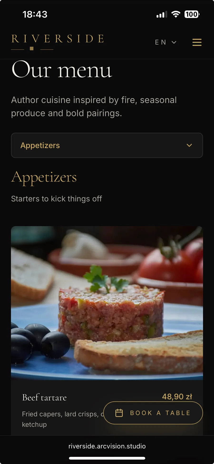 Digital menu on a phone: category selector and dishes with photos, descriptions and prices
