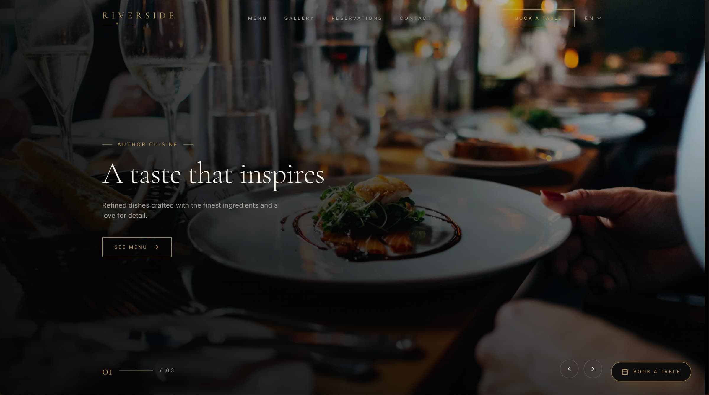 New Riverside restaurant website on desktop, showing a plated dish and a Book a table action in the navigation