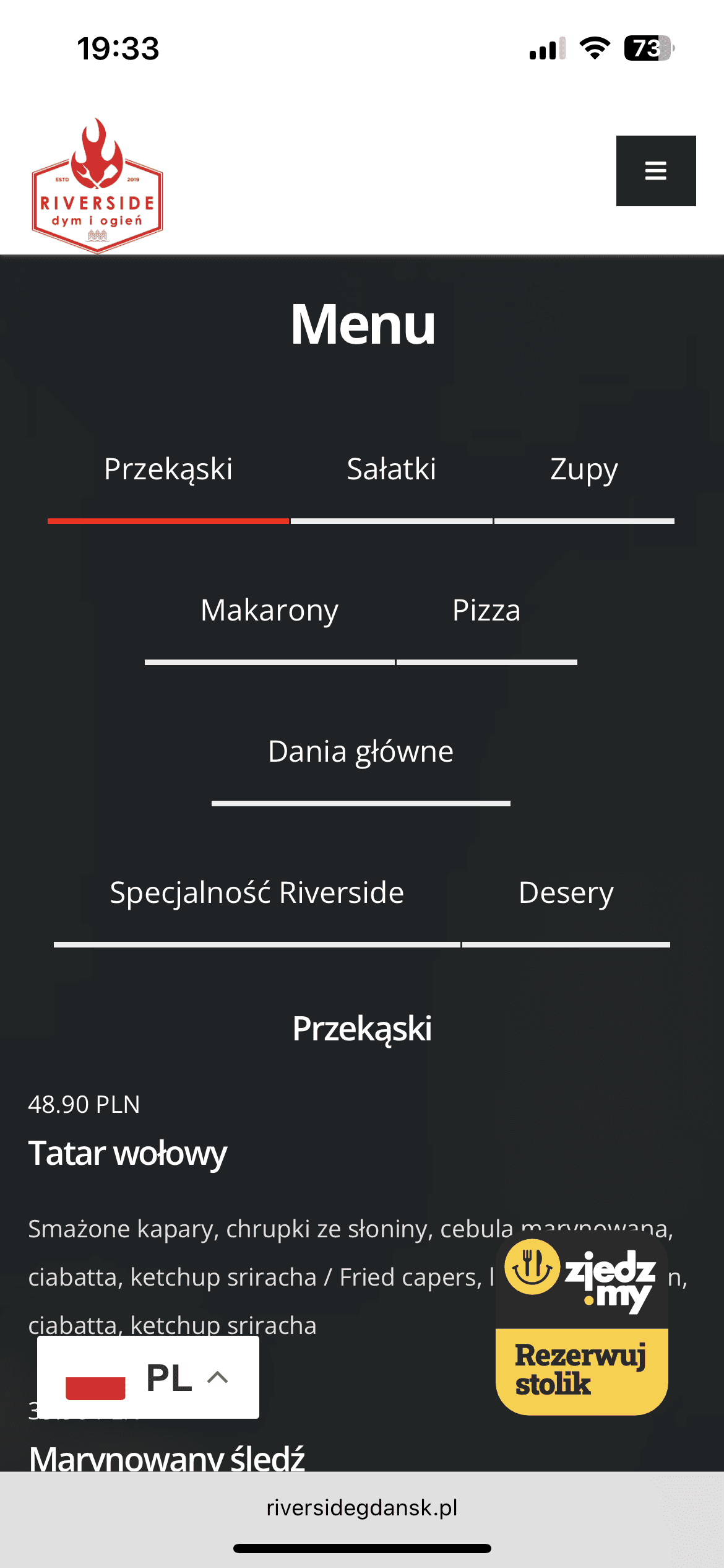 Menu page of the previous website on a phone