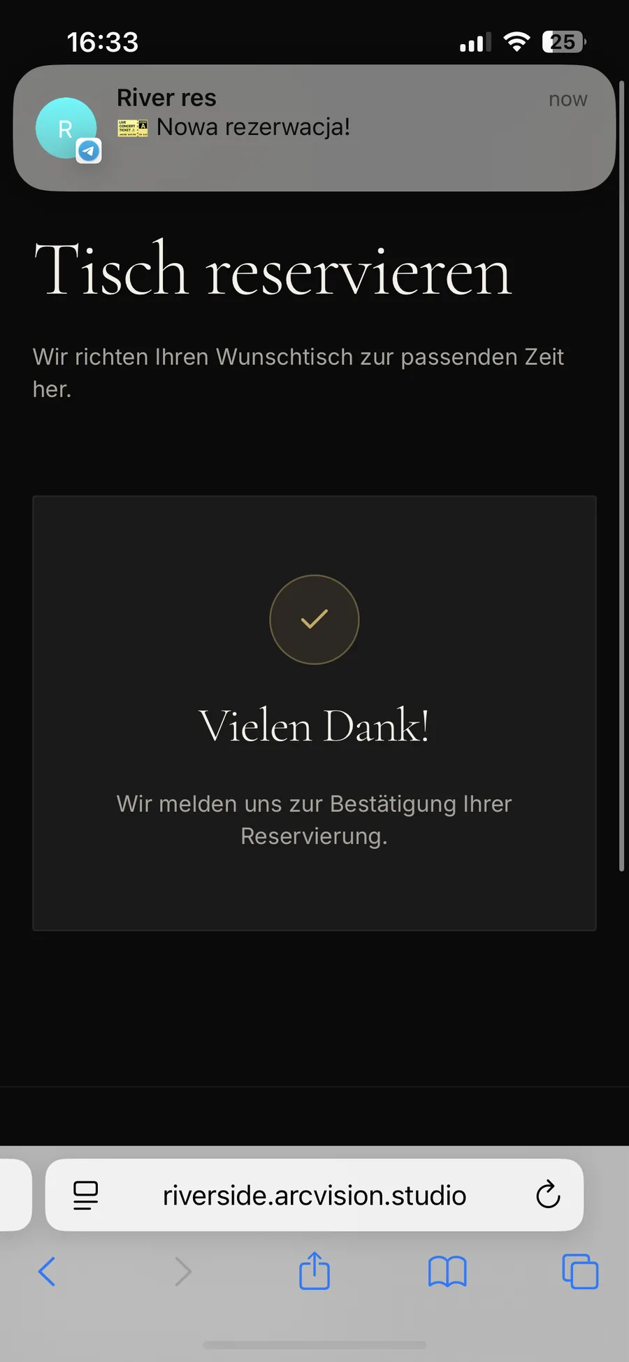 Thank-you screen after sending a reservation request, with a Telegram notification about the new booking arriving at the same moment