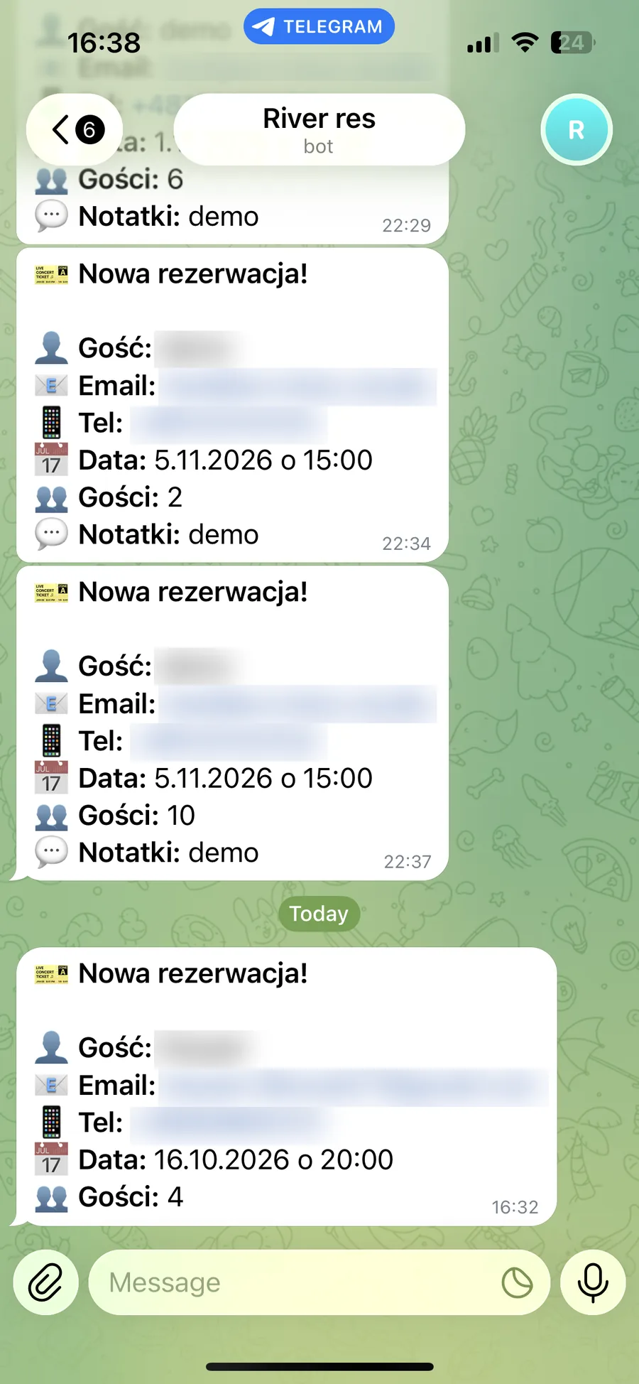 Telegram chat with the restaurant bot: each new reservation with guest name, contact details, date, time and number of guests